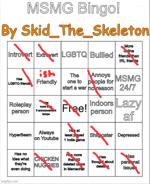 MSMG Bingo(By Skid) | image tagged in msmg bingo by skid | made w/ Imgflip meme maker