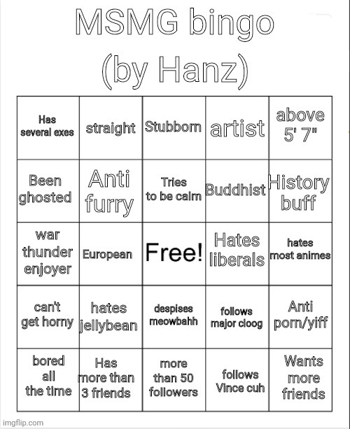 Hanz bingo | image tagged in hanz bingo | made w/ Imgflip meme maker