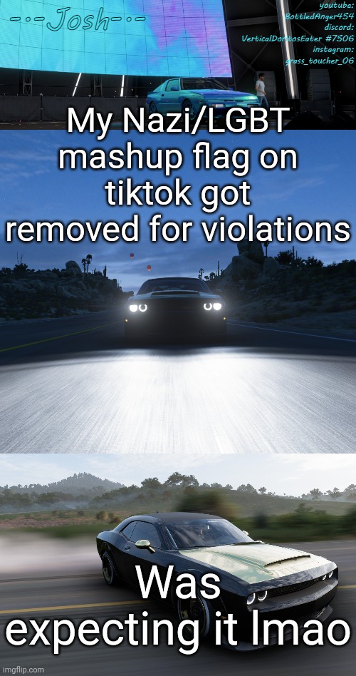 Josh's FH5 temp by Josh | My Nazi/LGBT mashup flag on tiktok got removed for violations; Was expecting it lmao | image tagged in josh's fh5 temp by josh | made w/ Imgflip meme maker