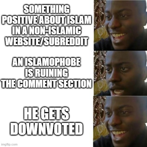 Disappointed black guy 3 panels | SOMETHING POSITIVE ABOUT ISLAM IN A NON-ISLAMIC WEBSITE/SUBREDDIT; AN ISLAMOPHOBE IS RUINING THE COMMENT SECTION; HE GETS DOWNVOTED | image tagged in disappointed black guy 3 panels,disappointed black guy,downvote,downvotes,islamophobia,comment section | made w/ Imgflip meme maker