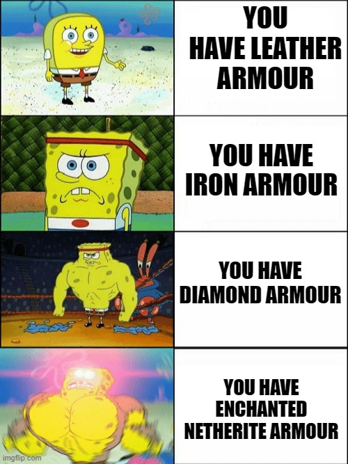 true | YOU HAVE LEATHER ARMOUR; YOU HAVE IRON ARMOUR; YOU HAVE DIAMOND ARMOUR; YOU HAVE ENCHANTED NETHERITE ARMOUR | image tagged in increasingly buff spongebob | made w/ Imgflip meme maker
