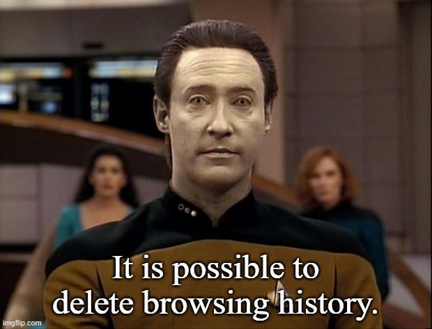 Star trek data | It is possible to delete browsing history. | image tagged in star trek data | made w/ Imgflip meme maker