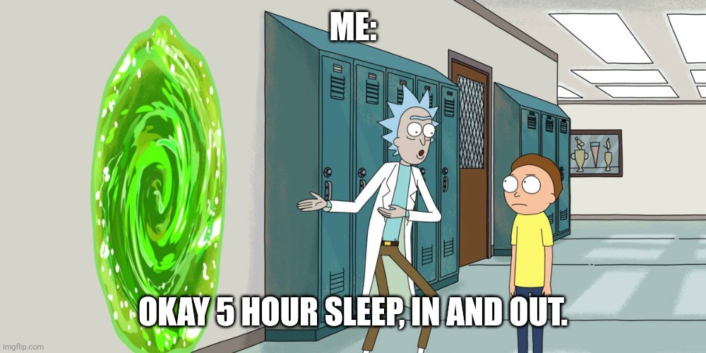 Rick and morty in and out | ME: OKAY 5 HOUR SLEEP, IN AND OUT. | image tagged in rick and morty in and out | made w/ Imgflip meme maker