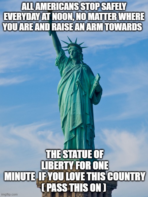 statue of liberty | ALL AMERICANS STOP SAFELY EVERYDAY AT NOON, NO MATTER WHERE YOU ARE AND RAISE AN ARM TOWARDS; THE STATUE OF LIBERTY FOR ONE MINUTE  IF YOU LOVE THIS COUNTRY

( PASS THIS ON ) | image tagged in statue of liberty | made w/ Imgflip meme maker