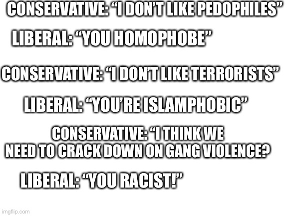 Blank White Template | CONSERVATIVE: “I DON’T LIKE PEDOPHILES”; LIBERAL: “YOU HOMOPHOBE”; CONSERVATIVE: “I DON’T LIKE TERRORISTS”; LIBERAL: “YOU’RE ISLAMPHOBIC”; CONSERVATIVE: “I THINK WE NEED TO CRACK DOWN ON GANG VIOLENCE? LIBERAL: “YOU RACIST!” | image tagged in stupid liberals | made w/ Imgflip meme maker
