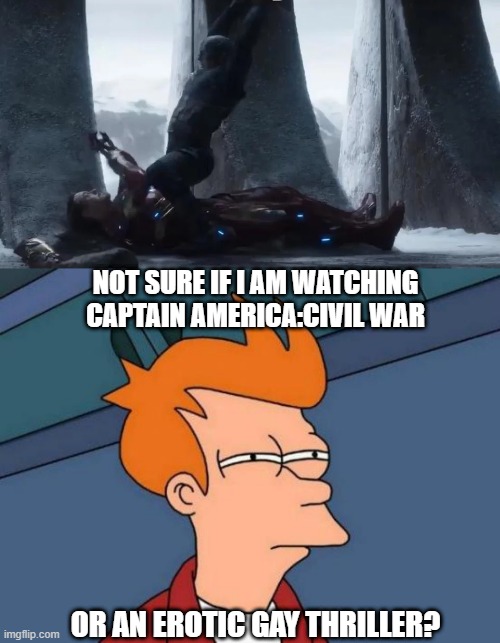 On Your Left | NOT SURE IF I AM WATCHING CAPTAIN AMERICA:CIVIL WAR; OR AN EROTIC GAY THRILLER? | image tagged in memes,futurama fry | made w/ Imgflip meme maker