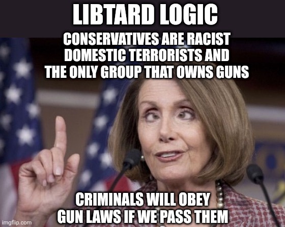 Nancy pelosi | LIBTARD LOGIC; CONSERVATIVES ARE RACIST DOMESTIC TERRORISTS AND THE ONLY GROUP THAT OWNS GUNS; CRIMINALS WILL OBEY GUN LAWS IF WE PASS THEM | image tagged in nancy pelosi | made w/ Imgflip meme maker