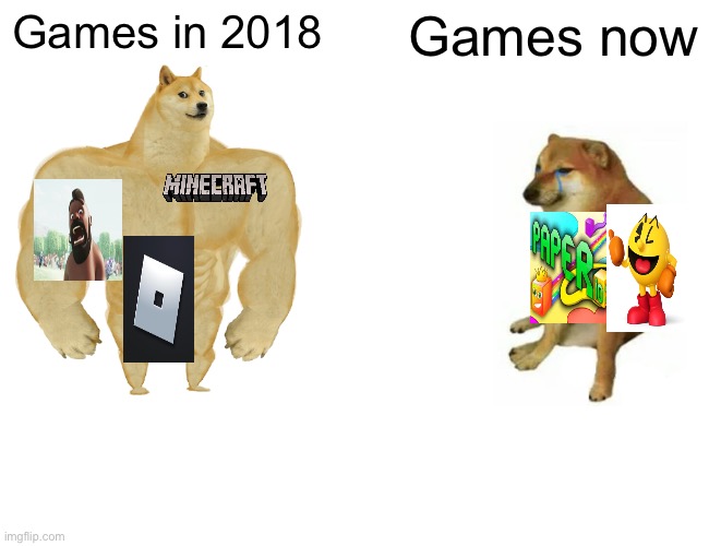 Buff Doge vs. Cheems | Games in 2018; Games now | image tagged in memes,buff doge vs cheems | made w/ Imgflip meme maker