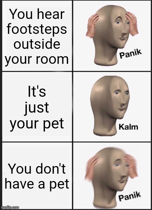 Panik Kalm Panik | You hear footsteps outside your room; It's just your pet; You don't have a pet | image tagged in memes,panik kalm panik | made w/ Imgflip meme maker