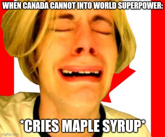 Leave Canada Alone | WHEN CANADA CANNOT INTO WORLD SUPERPOWER:; *CRIES MAPLE SYRUP* | image tagged in leave canada alone | made w/ Imgflip meme maker