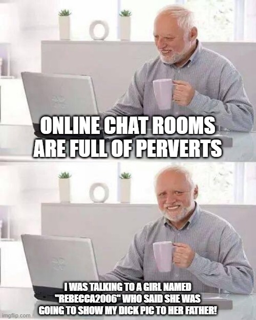 Stay Out |  ONLINE CHAT ROOMS ARE FULL OF PERVERTS; I WAS TALKING TO A GIRL NAMED "REBECCA2006" WHO SAID SHE WAS GOING TO SHOW MY DICK PIC TO HER FATHER! | image tagged in memes,hide the pain harold | made w/ Imgflip meme maker