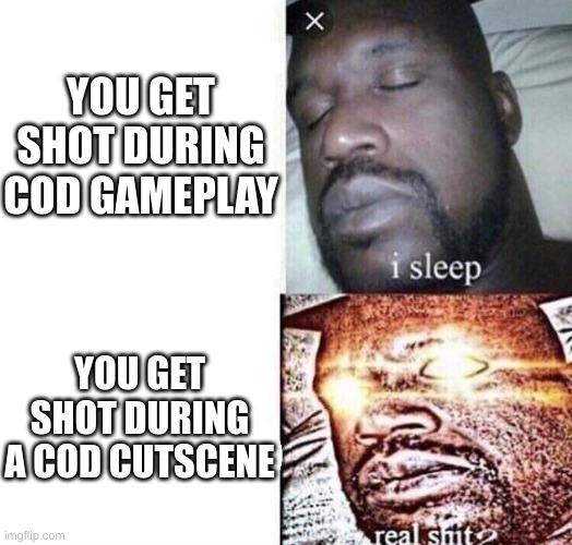 ... | YOU GET SHOT DURING COD GAMEPLAY; YOU GET SHOT DURING A COD CUTSCENE | image tagged in i sleep real shit | made w/ Imgflip meme maker