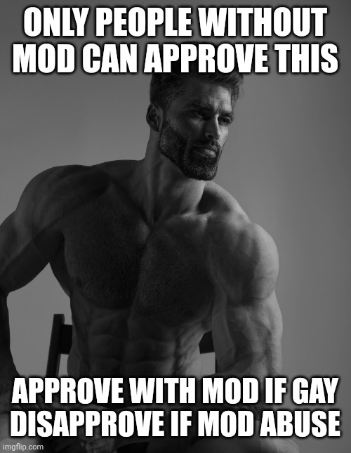 Gotcha | ONLY PEOPLE WITHOUT MOD CAN APPROVE THIS; APPROVE WITH MOD IF GAY
DISAPPROVE IF MOD ABUSE | image tagged in giga chad | made w/ Imgflip meme maker