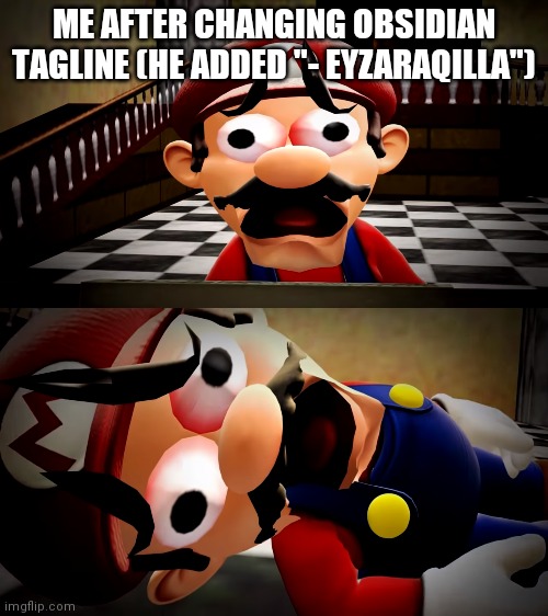 Mario dies | ME AFTER CHANGING OBSIDIAN TAGLINE (HE ADDED "- EYZARAQILLA") | image tagged in mario dies | made w/ Imgflip meme maker