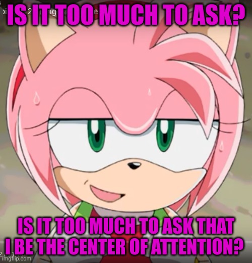 Amy Rose! | IS IT TOO MUCH TO ASK? IS IT TOO MUCH TO ASK THAT I BE THE CENTER OF ATTENTION? | image tagged in amy rose | made w/ Imgflip meme maker