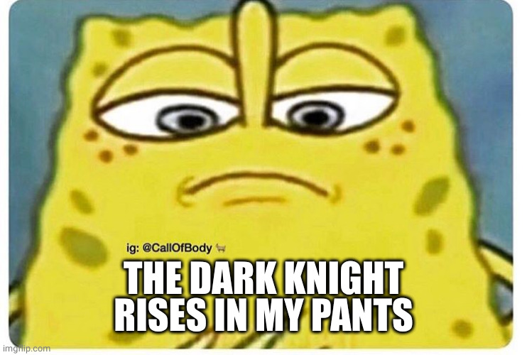 Sponge Bob Looking Down | THE DARK KNIGHT RISES IN MY PANTS | image tagged in sponge bob looking down | made w/ Imgflip meme maker