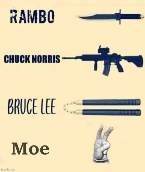 famous weapons | image tagged in lee,chuck,rambo,moe | made w/ Imgflip meme maker