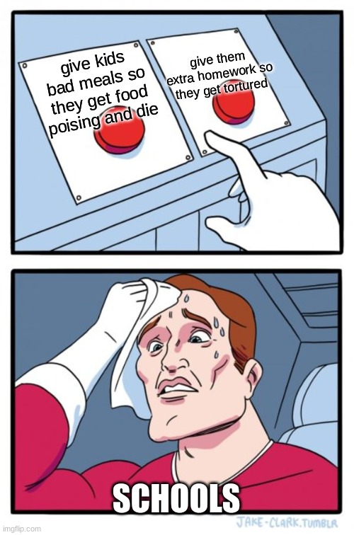 Two Buttons Meme | give them extra homework so they get tortured; give kids bad meals so they get food poising and die; SCHOOLS | image tagged in memes,two buttons | made w/ Imgflip meme maker