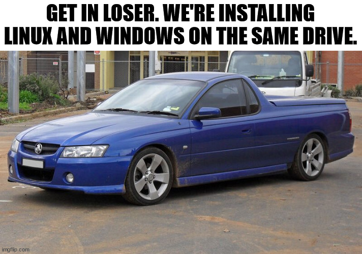 Dual Boot | GET IN LOSER. WE'RE INSTALLING LINUX AND WINDOWS ON THE SAME DRIVE. | image tagged in geek,linux,windows,funny,memes,tech support | made w/ Imgflip meme maker