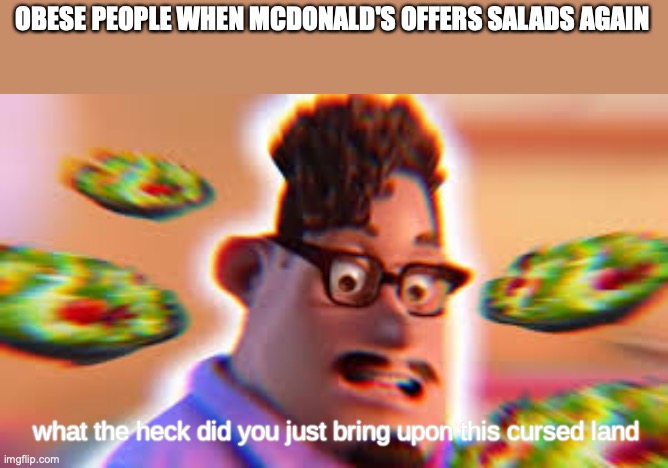 What the heck did you just bring upon this cursed land | OBESE PEOPLE WHEN MCDONALD'S OFFERS SALADS AGAIN | image tagged in what the heck did you just bring upon this cursed land | made w/ Imgflip meme maker