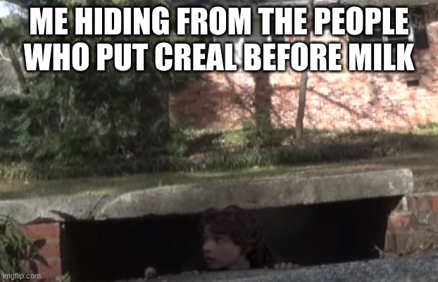 me hiding from- | ME HIDING FROM THE PEOPLE WHO PUT CEREAL BEFORE MILK | image tagged in me hiding from- | made w/ Imgflip meme maker