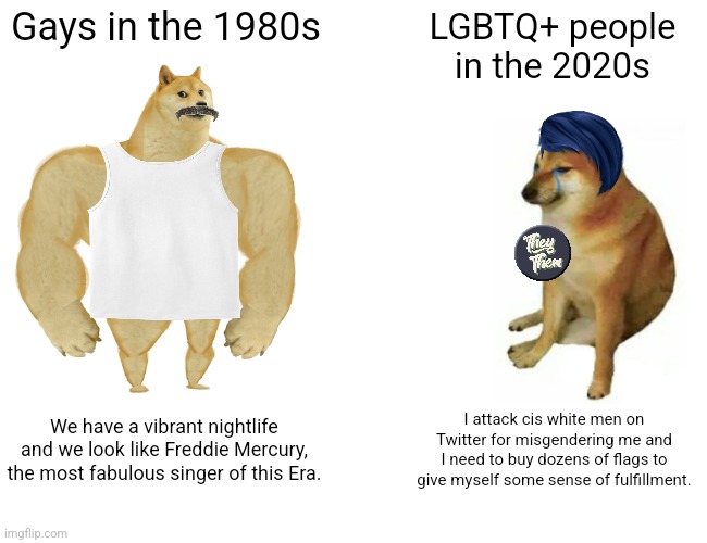 Chad 1980s gay men vs Virgin 2020s LGBTQ+ people | Gays in the 1980s; LGBTQ+ people in the 2020s; We have a vibrant nightlife and we look like Freddie Mercury, the most fabulous singer of this Era. I attack cis white men on Twitter for misgendering me and I need to buy dozens of flags to give myself some sense of fulfillment. | image tagged in memes,buff doge vs cheems,lgbtq,virgin vs chad,gay,sjws | made w/ Imgflip meme maker