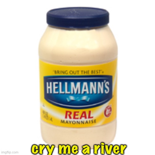 mayonnaise | cry me a river | image tagged in mayonnaise | made w/ Imgflip meme maker