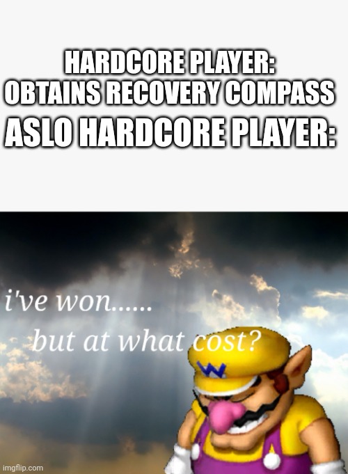 I've won but at what cost | HARDCORE PLAYER: OBTAINS RECOVERY COMPASS; ASLO HARDCORE PLAYER: | image tagged in i've won but at what cost | made w/ Imgflip meme maker
