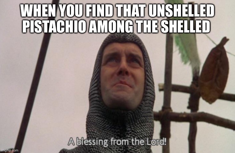 Pistachio goodness | WHEN YOU FIND THAT UNSHELLED PISTACHIO AMONG THE SHELLED | image tagged in a blessing from the lord,pistachio,shelled nuts | made w/ Imgflip meme maker