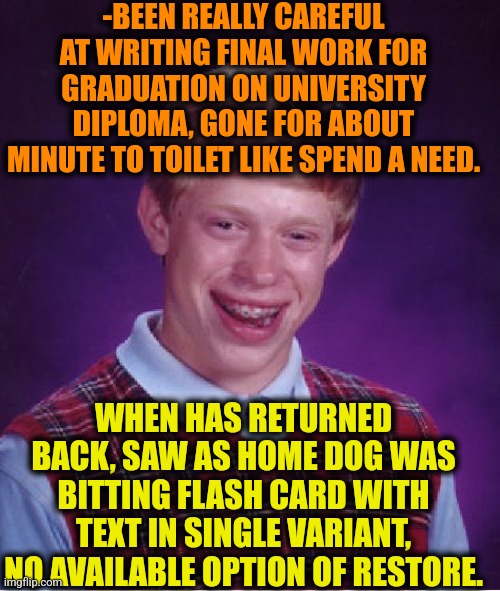 -Raydog so nasty boy! | -BEEN REALLY CAREFUL AT WRITING FINAL WORK FOR GRADUATION ON UNIVERSITY DIPLOMA, GONE FOR ABOUT MINUTE TO TOILET LIKE SPEND A NEED. WHEN HAS RETURNED BACK, SAW AS HOME DOG WAS BITTING FLASH CARD WITH TEXT IN SINGLE VARIANT, NO AVAILABLE OPTION OF RESTORE. | image tagged in memes,bad luck brian,bad luck raydog,you've been invited to dumbass university,homework,does your dog bite | made w/ Imgflip meme maker
