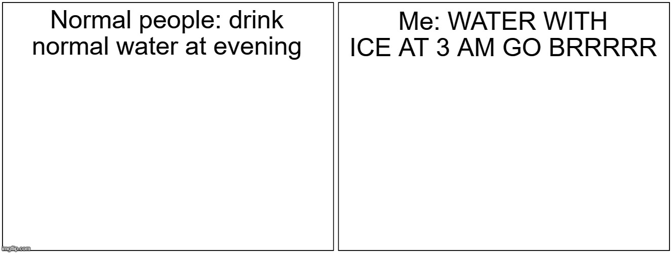 Blank Comic Panel 2x1 Meme | Normal people: drink normal water at evening; Me: WATER WITH ICE AT 3 AM GO BRRRRR | image tagged in memes,blank comic panel 2x1 | made w/ Imgflip meme maker