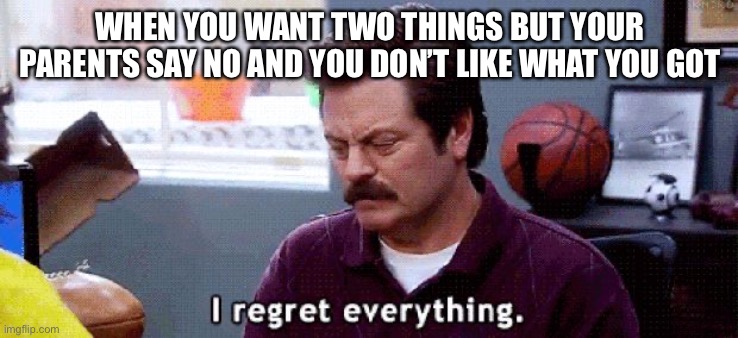 Regret | WHEN YOU WANT TWO THINGS BUT YOUR PARENTS SAY NO AND YOU DON’T LIKE WHAT YOU GOT | image tagged in i regret,first page pls | made w/ Imgflip meme maker