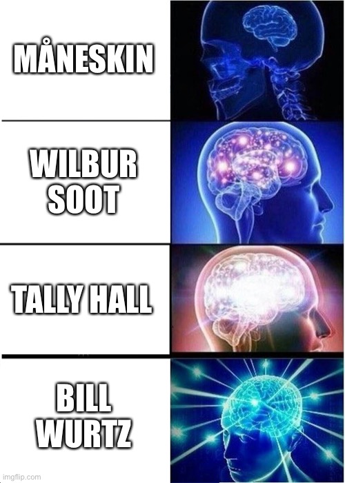 My opinion | MÅNESKIN; WILBUR SOOT; TALLY HALL; BILL WURTZ | image tagged in memes,expanding brain | made w/ Imgflip meme maker