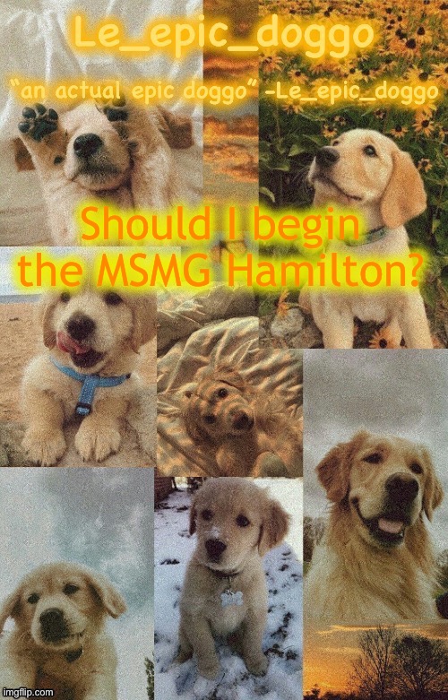 Doggo temp by doggo. Wait what that’s confusing | Should I begin the MSMG Hamilton? | image tagged in doggo temp by doggo wait what that s confusing | made w/ Imgflip meme maker