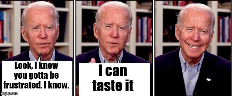 Real Biden Quotes continue as Biden (sniff, sniff) moves past the sense of smell and talks about inflation.... | Look, I know you gotta be frustrated. I know. I can taste it | image tagged in biden template | made w/ Imgflip meme maker