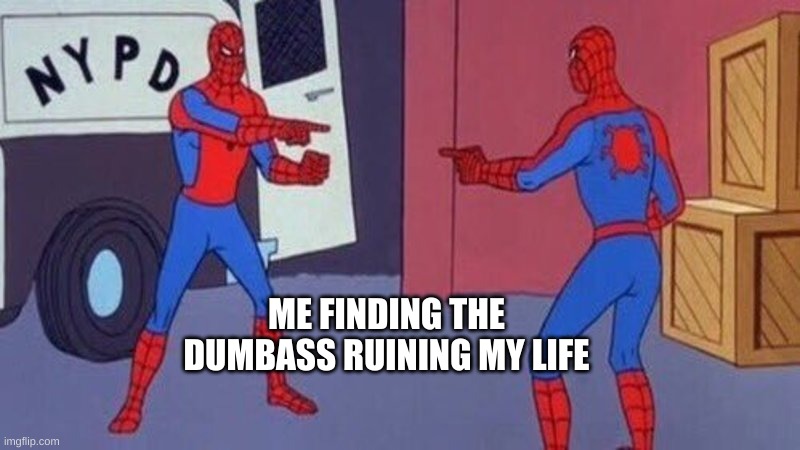 spiderman pointing at spiderman | ME FINDING THE DUMBASS RUINING MY LIFE | image tagged in spiderman pointing at spiderman,relatable,relatable memes | made w/ Imgflip meme maker