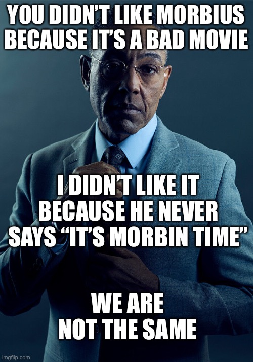 Morbius or something |  YOU DIDN’T LIKE MORBIUS BECAUSE IT’S A BAD MOVIE; I DIDN’T LIKE IT BECAUSE HE NEVER SAYS “IT’S MORBIN TIME”; WE ARE NOT THE SAME | image tagged in gus fring we are not the same,marvel civil war,morbius | made w/ Imgflip meme maker