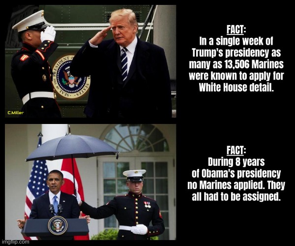 I'm sure this one'll have the Lefty trolls on here chomping at the bit, but then facts and truth never have been their friends. | image tagged in donald trump,barack hussein obama,marines,politics,political | made w/ Imgflip meme maker