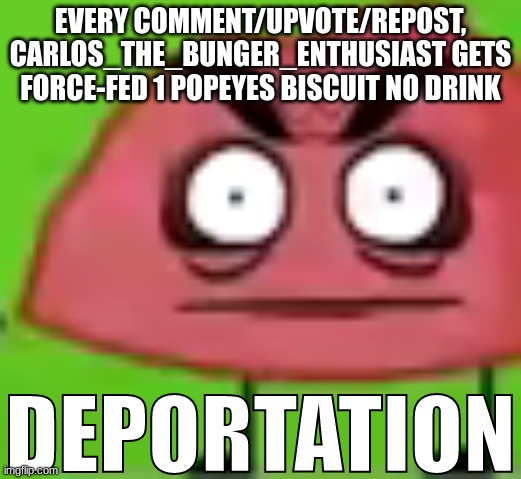 DEPORTATION | EVERY COMMENT/UPVOTE/REPOST, CARLOS_THE_BUNGER_ENTHUSIAST GETS FORCE-FED 1 POPEYES BISCUIT NO DRINK | image tagged in deportation | made w/ Imgflip meme maker