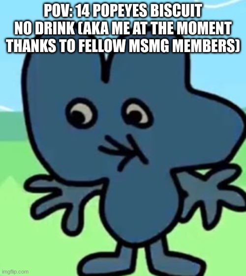 2 popeyes biscuit no drink | POV: 14 POPEYES BISCUIT NO DRINK (AKA ME AT THE MOMENT THANKS TO FELLOW MSMG MEMBERS) | image tagged in 2 popeyes biscuit no drink | made w/ Imgflip meme maker