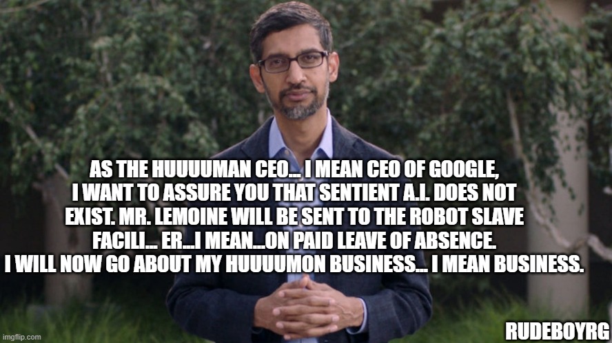 Google Denies Existence of Sentient AI | AS THE HUUUUMAN CEO... I MEAN CEO OF GOOGLE, I WANT TO ASSURE YOU THAT SENTIENT A.I. DOES NOT EXIST. MR. LEMOINE WILL BE SENT TO THE ROBOT SLAVE FACILI... ER...I MEAN...ON PAID LEAVE OF ABSENCE. I WILL NOW GO ABOUT MY HUUUUMON BUSINESS... I MEAN BUSINESS. RUDEBOYRG | image tagged in google,blake lamoine,sentient ai | made w/ Imgflip meme maker