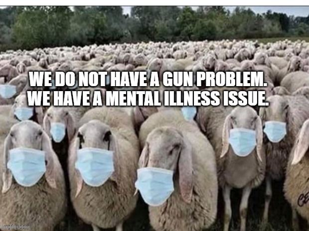 Sign of the Sheeple | WE DO NOT HAVE A GUN PROBLEM. WE HAVE A MENTAL ILLNESS ISSUE. | image tagged in sign of the sheeple | made w/ Imgflip meme maker