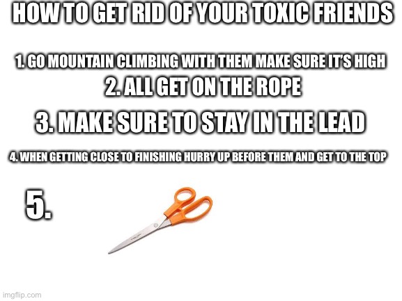 Blank White Template | HOW TO GET RID OF YOUR TOXIC FRIENDS; 1. GO MOUNTAIN CLIMBING WITH THEM MAKE SURE IT’S HIGH; 2. ALL GET ON THE ROPE; 3. MAKE SURE TO STAY IN THE LEAD; 4. WHEN GETTING CLOSE TO FINISHING HURRY UP BEFORE THEM AND GET TO THE TOP; 5. | image tagged in blank white template | made w/ Imgflip meme maker