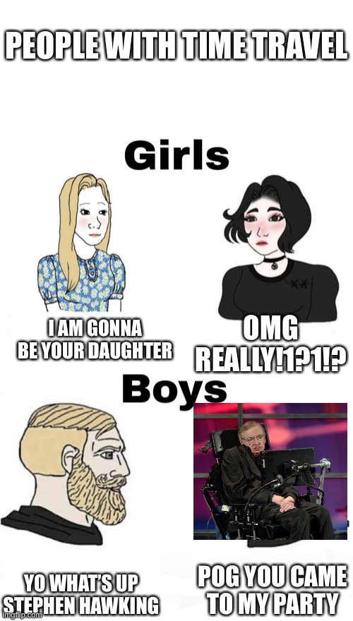 Girls vs Boys | PEOPLE WITH TIME TRAVEL; OMG REALLY!1?1!? I AM GONNA BE YOUR DAUGHTER; POG YOU CAME TO MY PARTY; YO WHAT’S UP STEPHEN HAWKING | image tagged in girls vs boys | made w/ Imgflip meme maker