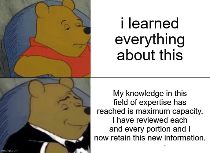 i learned everything fancy | i learned everything about this; My knowledge in this field of expertise has reached is maximum capacity. I have reviewed each and every portion and I now retain this new information. | image tagged in memes,tuxedo winnie the pooh | made w/ Imgflip meme maker