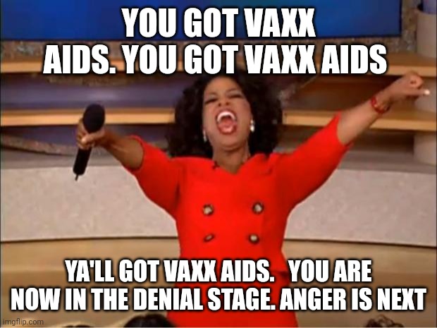 Oprah You Get A Meme | YOU GOT VAXX AIDS. YOU GOT VAXX AIDS; YA'LL GOT VAXX AIDS.   YOU ARE NOW IN THE DENIAL STAGE. ANGER IS NEXT | image tagged in memes,oprah you get a | made w/ Imgflip meme maker