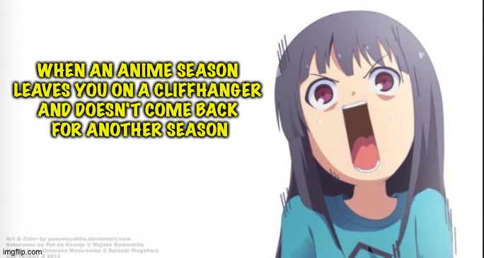 Anime shock | WHEN AN ANIME SEASON 
LEAVES YOU ON A CLIFFHANGER 
AND DOESN'T COME BACK 
FOR ANOTHER SEASON | image tagged in anime shock | made w/ Imgflip meme maker