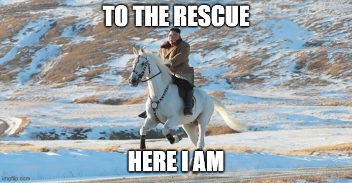 Kim Jong Un riding a white horse | TO THE RESCUE; HERE I AM | image tagged in kim jong un riding a white horse | made w/ Imgflip meme maker