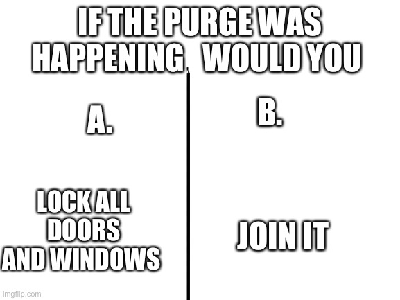 If you chose B would you you be doing | IF THE PURGE WAS HAPPENING   WOULD YOU; A. B. LOCK ALL DOORS AND WINDOWS; JOIN IT | image tagged in blank white template | made w/ Imgflip meme maker