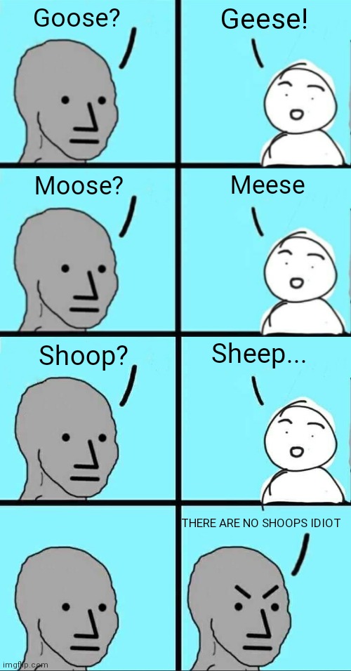 npc extended | Geese! Goose? Meese; Moose? Sheep... Shoop? THERE ARE NO SHOOPS IDIOT | image tagged in npc extended | made w/ Imgflip meme maker